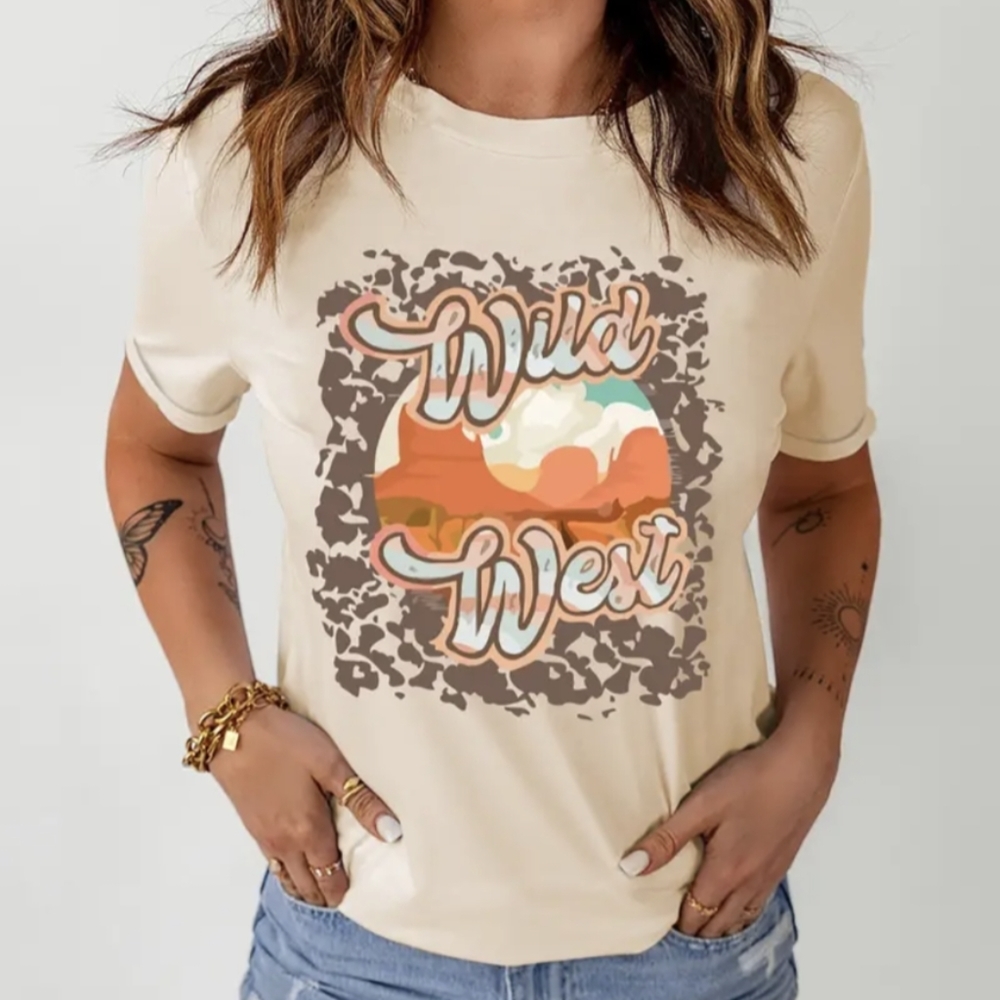 Western Wild West light yellow short sleeve desert tee size S